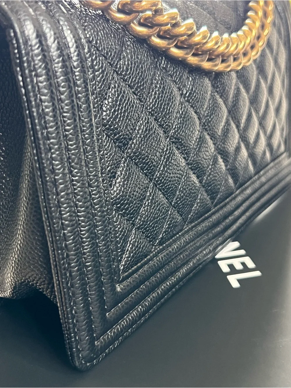 CHANEL Black Quilted Boy Bag with Gold-Tone Hardware
